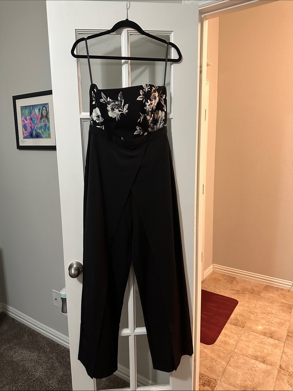 White House Black Market Black Jumpsuit with White Floral Bust